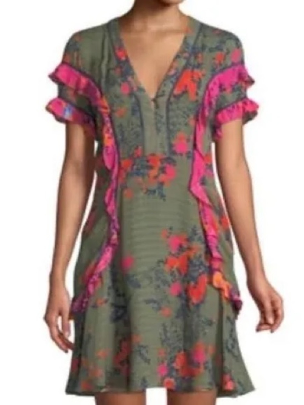 Tanya Taylor Rhett Dress Womens 6 Olive Green Pink Silk Floral Ruffle